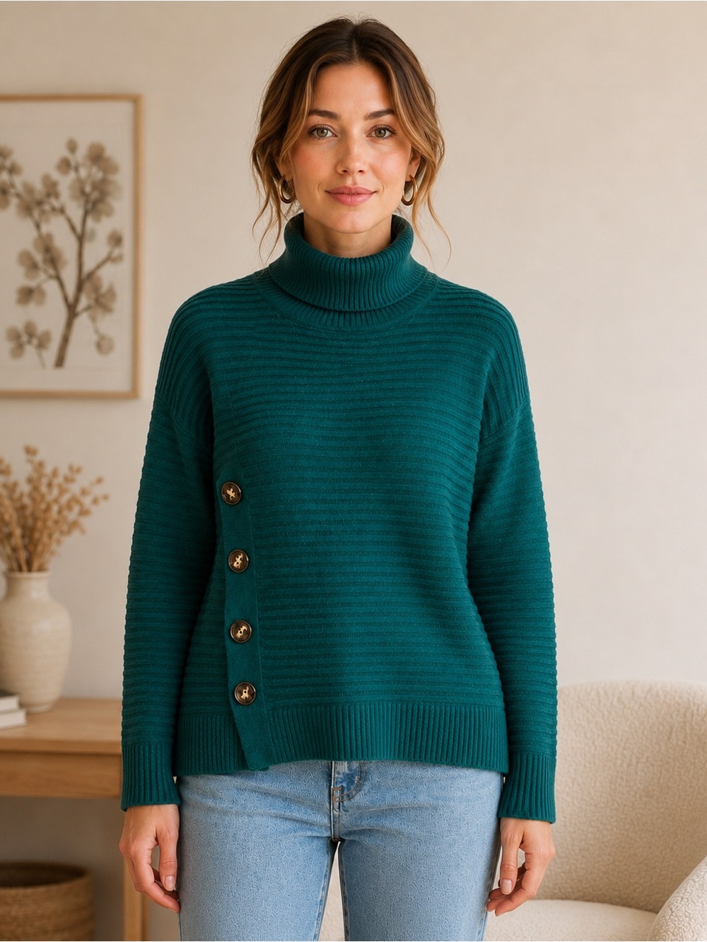 Melloday Green Turtleneck Rib Knit Button Sweater Size M